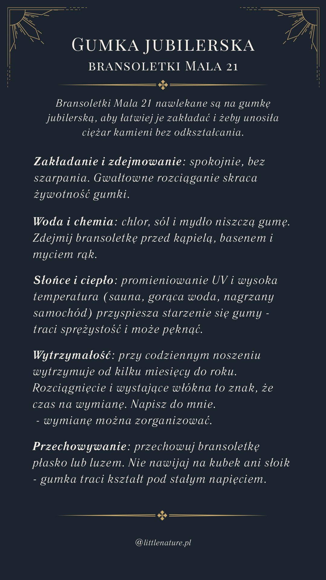 Gumka jubilerska w bransoletkach Mala 21: zakładanie, woda, słońce, wytrzymałość i przechowywanie