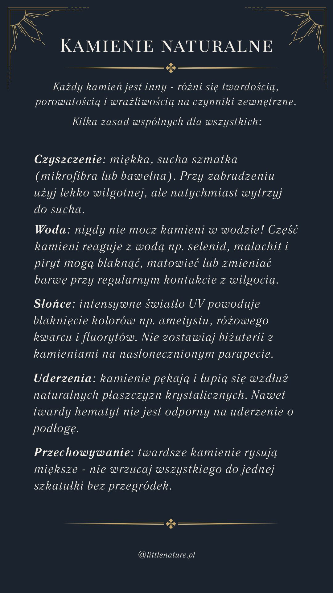 Kamienie naturalne: czyszczenie, woda, słońce, uderzenia i przechowywanie