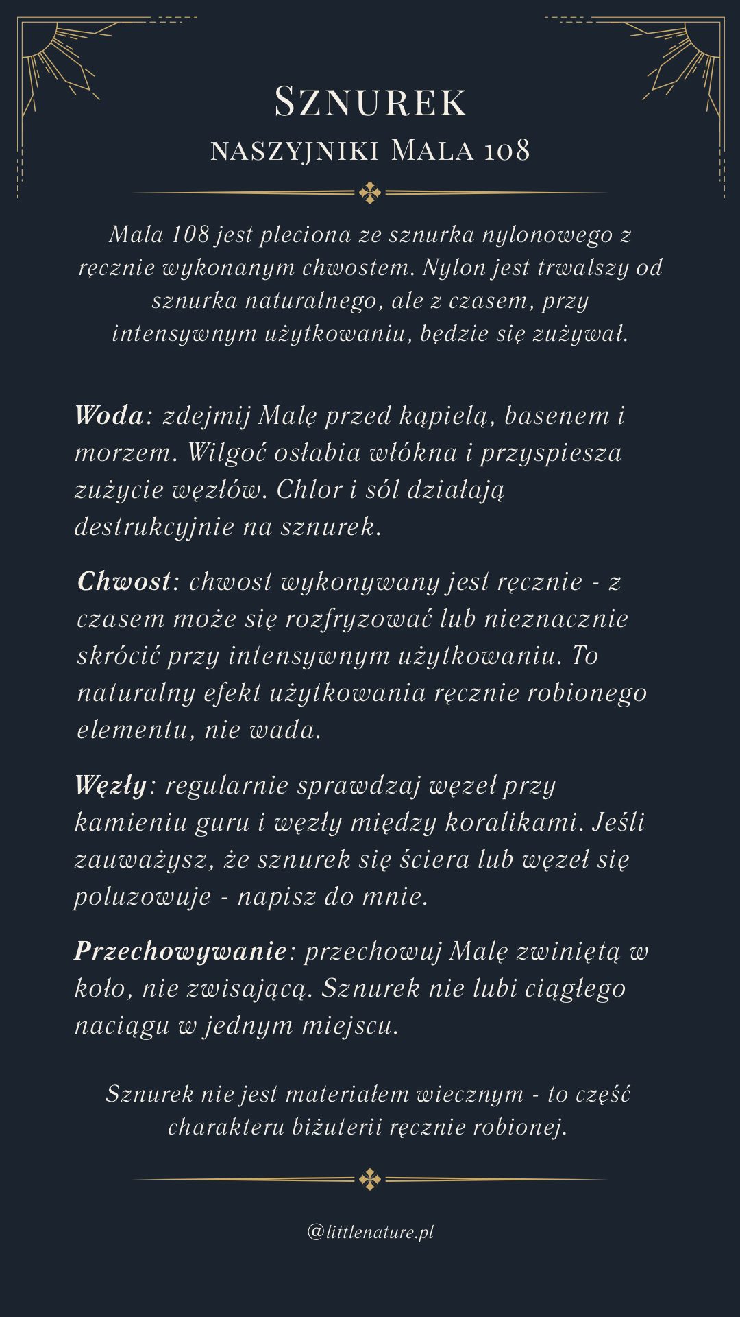 Sznurek nylonowy w naszyjnikach Mala 108: woda, chwost, węzły i przechowywanie