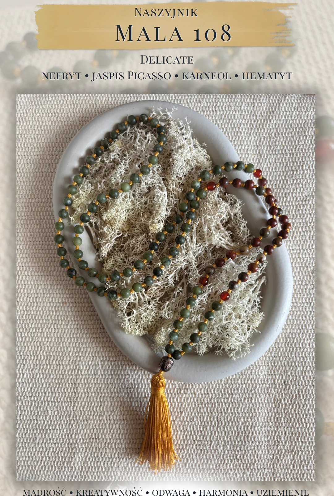 Mala 108 Delicate: Nefryt i Jaspis Picasso (kamienie naturalne)