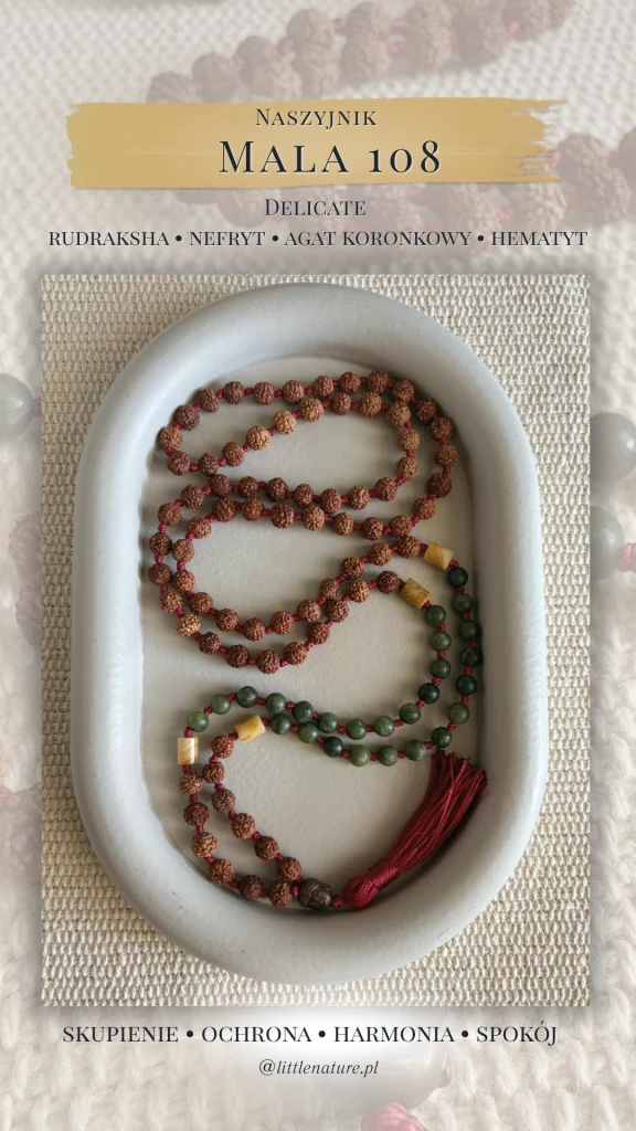 Mala 108 Delicate: Rudraksha I Nefryt (kamienie naturalne)